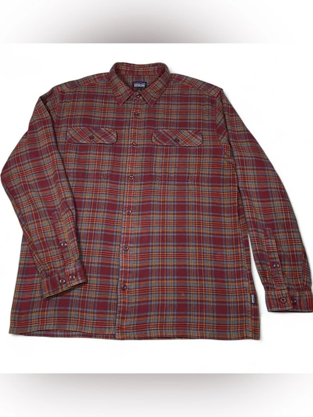 Patagonia Organic Cotton Fjord Flannel Shirt Burgundy Plaid Men's Size Large